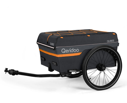 Black and orange Qeridoo bike trailer on a white background