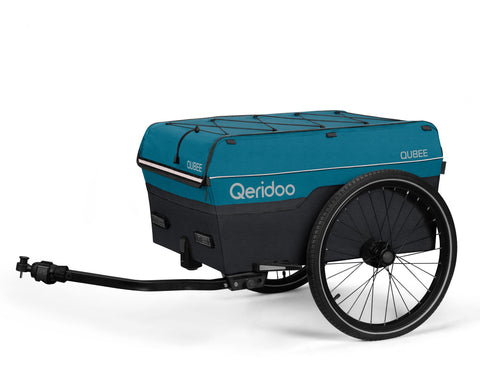 Blue and black Qeridoo bike trailer on a white background