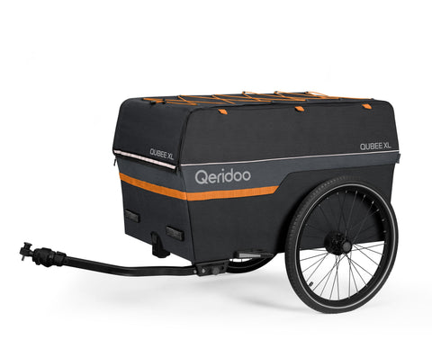 Black and orange Qeridoo bike trailer on a white background