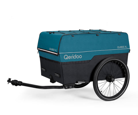 A teal and black Qeridoo bicycle cargo carrier bag with a hitch, shown on a white background.
