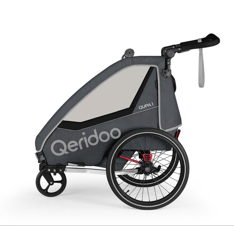 Gray and black bike trailer with 'Qeridoo' branding on a white background