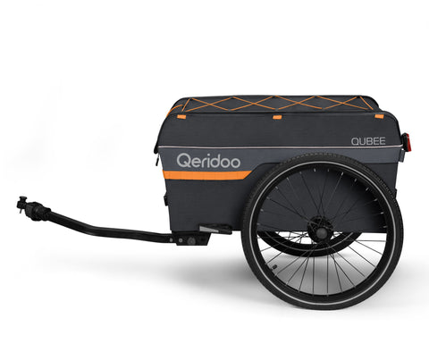 Black bicycle trailer with 'Qeridoo' branding on a white background