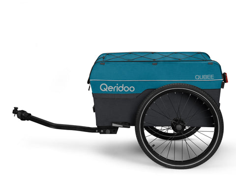 Teal bike trailer with 'Qeridoo' branding on a white background