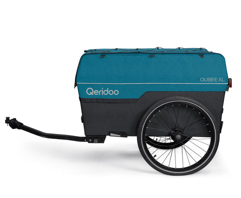 A teal and black Qeridoo QubeF XL cargo bike trailer with a black towing handle, shown from a side profile on a white background.