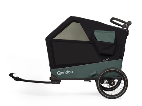 A Qeridoo Nacho bicycle cargo trailer in black and dark green, shown from a side profile on a clean white background.