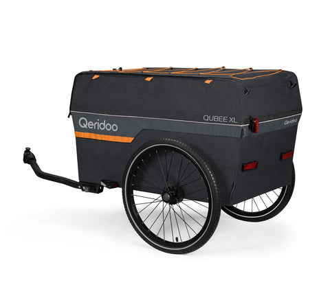 A black cargo trailer with orange accents and the Qeridoo brand name, shown on a clean white background.