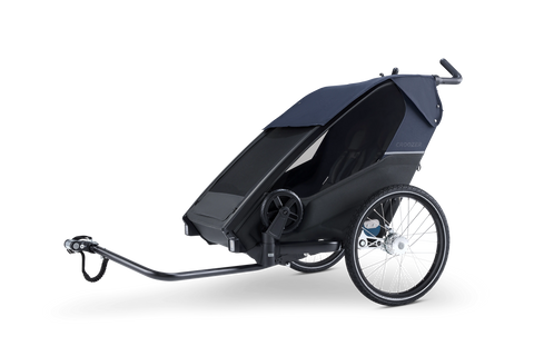 Croozer Kid Lykke 2 Blueberry Blue — with sun cover installed